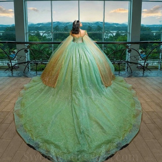 Sparkly Sage Green Ball Gown Quinceanera Dresses With Cape Flowers Appliques Crystals Sweet 16 Dress Vestidos De 15 Anos