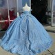 Sparkly Sky Blue Ball Gown Quinceanera Dress Elegant Luxury Prom Dresses 3D Floral Appliques Lace Party Lace Birthday Dresses