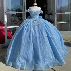 Sparkly Sky Blue Ball Gown Quinceanera Dress Elegant Luxury Prom Dresses 3D Floral Appliques Lace Party Lace Birthday Dresses