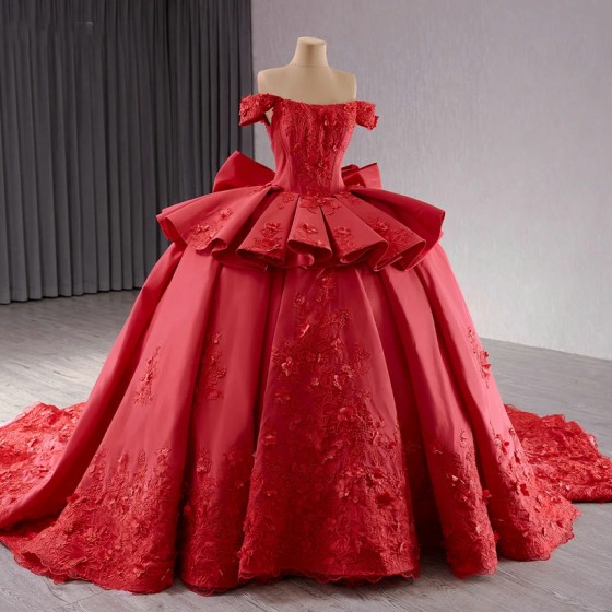 Surprise Price Red Quinceanera Dress Ball Gown Satin Floral Lace Applique Mexico Sweet 15 Vestido De 15 Anos