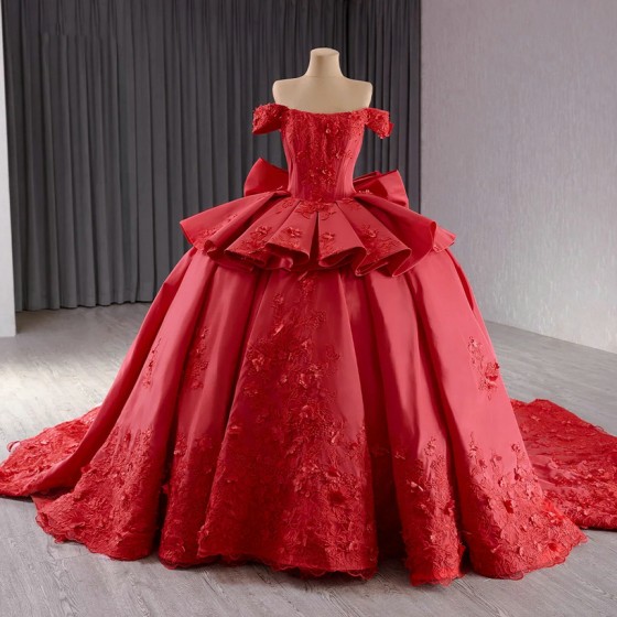 Surprise Price Red Quinceanera Dress Ball Gown Satin Floral Lace Applique Mexico Sweet 15 Vestido De 15 Anos