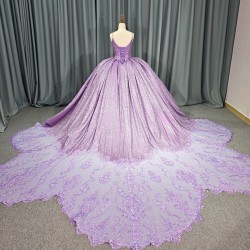 Sweet Purple Shiny Princess Quinceanera Dresses 3D Floral Ball Gown Spaghetti Straps Lace Tull Corset vestido de 15 quinceanera