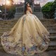 Sweetheart Champagne Quinceanera Ball Dresses Sleeveless Appliques Lace Beads Graduation Party Gown vestidos de 15