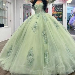 Sweetheart Sage Green Quinceanera Dresses For Sweet 16 Girls Beads Appliques Feather Princess Ball Gowns Tull 15 Vestidos