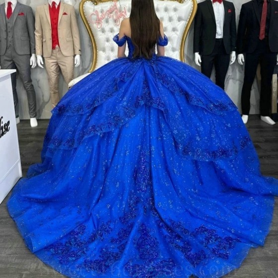 2024 Blue Shiny Ball Gown Quinceanera Dress Appliques Lace Beads Princess Tulle Vestidos De 15 Anos Birthday Party Sweet 16 Dress