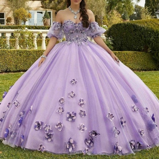 2024 Gorgeous Lavender Sweetheart Ball Gowns Off The Shoulder 3D-Floral Lace Beads Tulle 15 Girl Women Quinceanera Prom Dresses