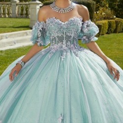 2024 Gorgeous Light Green Ball Gowns Off The Shoulder 3D-Floral Lace Beads Tulle 15 Girl Women Quinceanera Prom Dresses