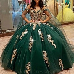 2024 Green Shiny Cheap Quinceanera Dresses Ball Gown Off The Shoulder With Cape Applique Beads Tiered For Sweet 16 Dresses