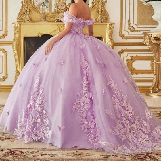 2024 Lavender Shiny Ball Gown Quinceanera Dresses 3DFlowers Applique Beading Sweet 15 16 Dress Corset vestidos de 15 anos