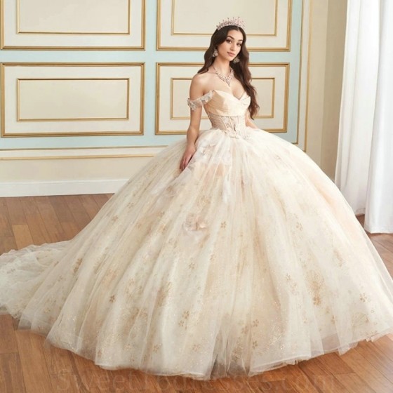 2024 Light Champagne Shiny Quinceanera Dresses Ball Gown Sweetheart CrystalTulle Lace-Up Backless Party Princess Sweet 16 Dress