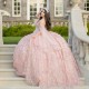 2024 Light Pink Shiny 3D Floral Appliques Quinceanera Dresses Ball Gown Bride Robe Bridal Dress Vestidos 15 De Novia Sweet 16