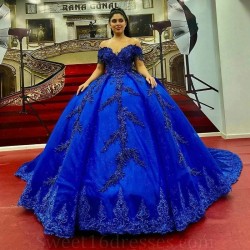 2024 Luxury Blue Shiny Quinceanera Dresses Off the Shoulder For 15 Party Princess Appliques Lace Beads Birthday Party Dress