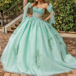 2024 Mint Green Shiny Princess Quinceanera Dresses Off Shoulder Lace Appliques Corset Up Ball Gown Sweet 16 17 Birthday Vestido