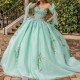 2024 Mint Green Shiny Princess Quinceanera Dresses Off Shoulder Lace Appliques Corset Up Ball Gown Sweet 16 17 Birthday Vestido