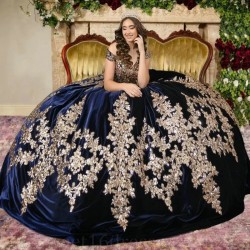 2024 Navy Blue Ball Gown 15 Year Old Quinceanera Dresses With Gold Appliques Lace Princess Brithday Party Gowns