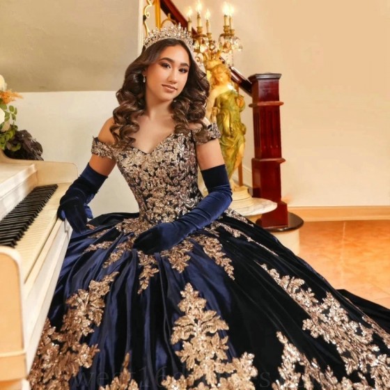 2024 Navy Blue Ball Gown 15 Year Old Quinceanera Dresses With Gold Appliques Lace Princess Brithday Party Gowns