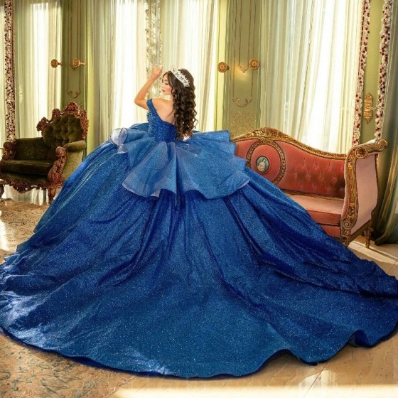 2024 Navy Blue Shiny Quinceanera Dresses Off The Shoulder Formal Ball Gown Beading Crystal Party Dresses vestido de 15 anos