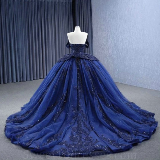 2024 Navy Blue Sparkly Quinceanera Dresses Off Shoulder Beads Crystal Corset vestido 15 anos quinceanera lace-up Sweet 15 Gown