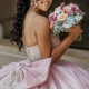 2024 Pink Shiny Quinceanera Dress Ball Gown Appliques Lace Beads Crystal Tull Off Shoulder Sweet 16 Vestidos 15 De XV Anos