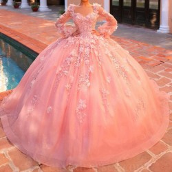 2024 Pink Shiny Quinceanera Dress Ball Gown Long Sleeve Applique Lace Beads Vestidos De 15 Anos Sweet 16 Birthday Party Pageant