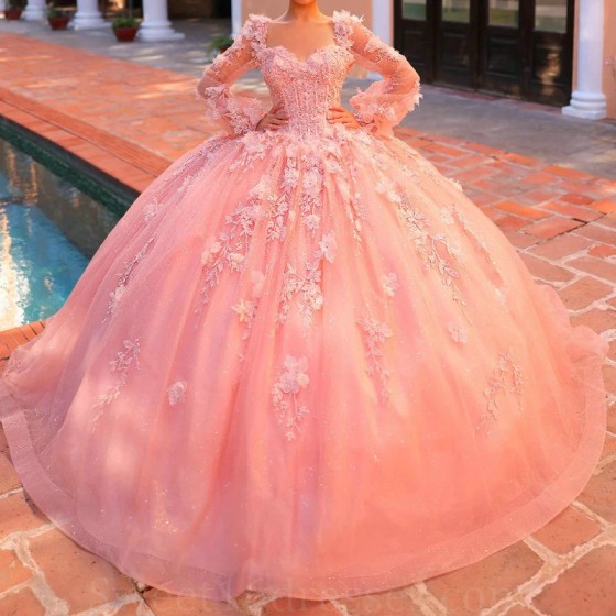 2024 Pink Shiny Quinceanera Dress Ball Gown Long Sleeve Applique Lace Beads Vestidos De 15 Anos Sweet 16 Birthday Party Pageant