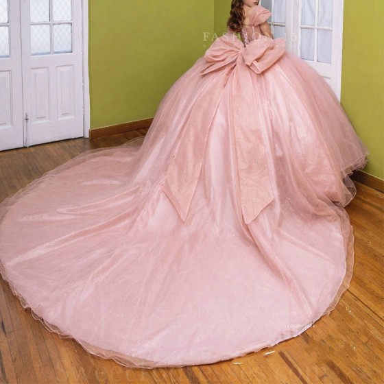 2024 Pink Shiny Quinceanera Dress Glitter Mexican Vestido De 15 Anos Sequin Beading Crystal Tull Sweet 16 Birthday Party Dress