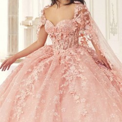 2024 Pink Shiny Quinceanera Dresses With Cape Ball Gown Sweetheart Lace Beading Tulle Lace-Up Backless Party Princess Sweet 16