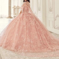 2024 Pink Shiny Quinceanera Dresses With Cape Ball Gown Sweetheart Lace Beading Tulle Lace-Up Backless Party Princess Sweet 16