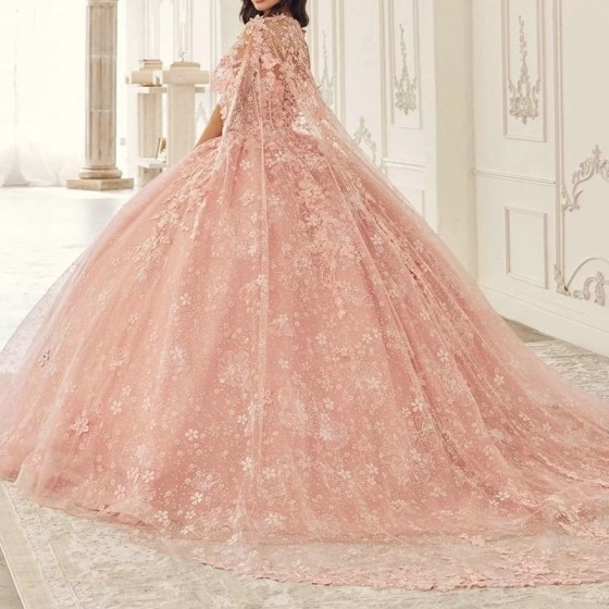 2024 Pink Shiny Quinceanera Dresses With Cape Ball Gown Sweetheart Lace Beading Tulle Lace-Up Backless Party Princess Sweet 16