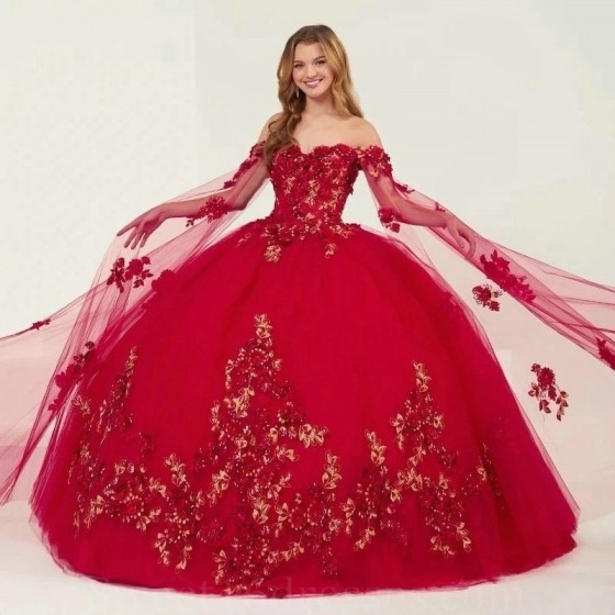 2024 Red Shiny Ball Gown Quinceanera Dress Sleeve Lace Appliques Beading With Cape Vestidos De 15 Anos Sweet 16 Dress