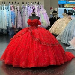 2024 Red Shiny Quinceanera Dress Ball Gown Appliques Beading Sequins Off the Shoulder Sweet 16 Dress Vestido De 15 Anos