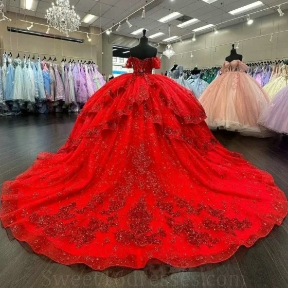 2024 Red Shiny Quinceanera Dress Ball Gown Appliques Beading Sequins Off the Shoulder Sweet 16 Dress Vestido De 15 Anos