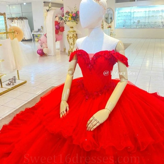 2024 Red Sparkly Princess Quinceanera Dresses Gillter Off Shoulder Floral Applique Beads Tull Sweet 16 vestidos de 15