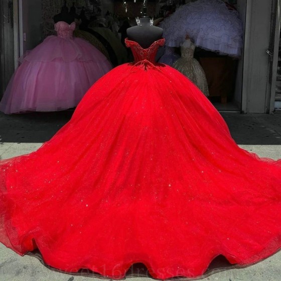 2024 Red Sparkly Princess Quinceanera Dresses Luxury Crystal Beads Tull Corset Lace-up vestidos 15 de xv anos Sweet 16 Gown