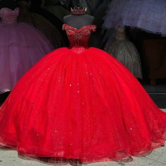 2024 Red Sparkly Princess Quinceanera Dresses Luxury Crystal Beads Tull Corset Lace-up vestidos 15 de xv anos Sweet 16 Gown