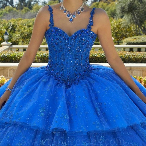 2024 Royal Blue Princess Quinceanera Dresses Ball Gown Off Shoulder Beaded Crystals Tiered Tull Sweet 16 Prom Party Gown Lace-Up