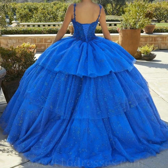 2024 Royal Blue Princess Quinceanera Dresses Ball Gown Off Shoulder Beaded Crystals Tiered Tull Sweet 16 Prom Party Gown Lace-Up