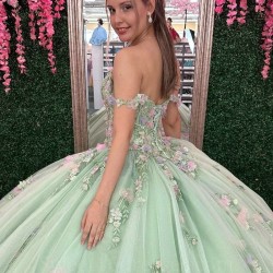 2024 Sage Green Shiny Ball Gown Quinceanera Dress Appliques Flowers Lace Off Shoulder Sweet 15 16 Years Vestidos De 15 XV Anos