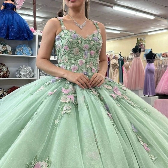 2024 Sage Green Shiny Ball Gown Quinceanera Dress Appliques Flowers Lace Off Shoulder Sweet 15 16 Years Vestidos De 15 XV Anos