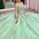 2024 Sage Green Shiny Ball Gown Quinceanera Dress Appliques Flowers Lace Off Shoulder Sweet 15 16 Years Vestidos De 15 XV Anos