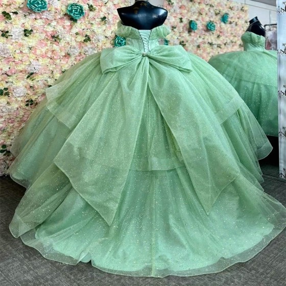 2024 Sage Green Shiny Quinceanera Dresses Off The Shoulder Beads Crystal Graduation Party Sequin Designer Evening Party Gown