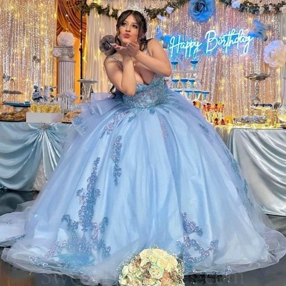 2024 Sky Blue Ball Gown Quinceanera Dress Lace Applique Long Train XV Princess Vestidos De 15 Anos Birthday Sweet 16 Dress