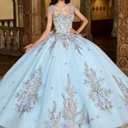 2024 Sky Blue Mexican Quinceanera Dress Ball Gown Applique Lace Beaded Tull Formal Sweet 16 Dress Vestidos De 15 Anos