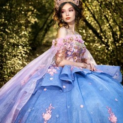 2024 Sky Blue Quinceanera Dress Sequined Lace Appliques Flower Beads Crystal With Cape Off Shoulder Vestido De 15 Quinceaneras