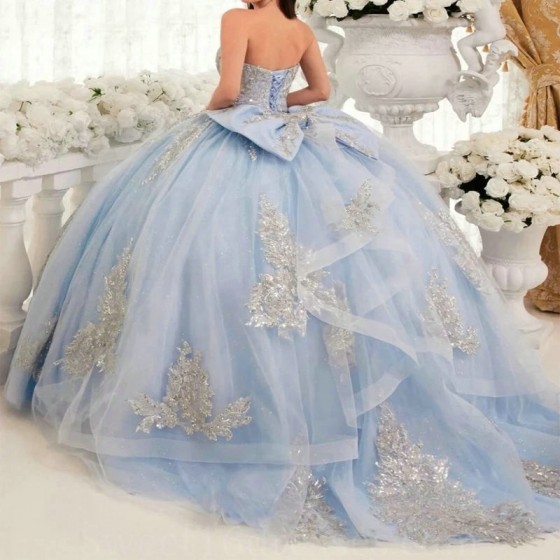 2024 Sky Blue Shiny Quinceanera Dresses Formal Luxury Party Beading Lace Appliques Sweet 15 Dress Graduation Ball Gwon Prom Gown