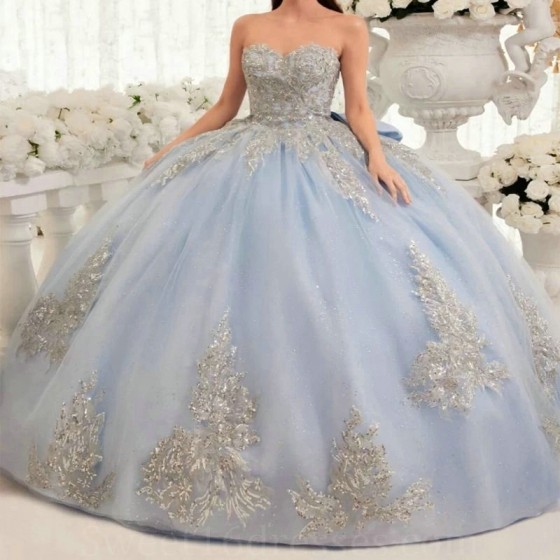 2024 Sky Blue Shiny Quinceanera Dresses Formal Luxury Party Beading Lace Appliques Sweet 15 Dress Graduation Ball Gwon Prom Gown