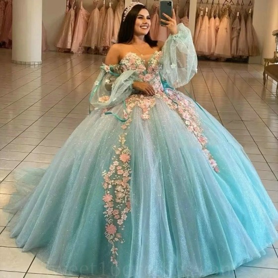 3D Floral Aqua Blue Ball Gown Quinceanera Dress Appliques Princess Tulle Long sleeved Vestidos De 15 Anos Birthday Party Sweet