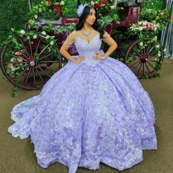 3D Flower Lavender Shiny Princess Quinceanera Dresses Applique Lace Beads Corset Cinderella Prom Sweet 16 Dress