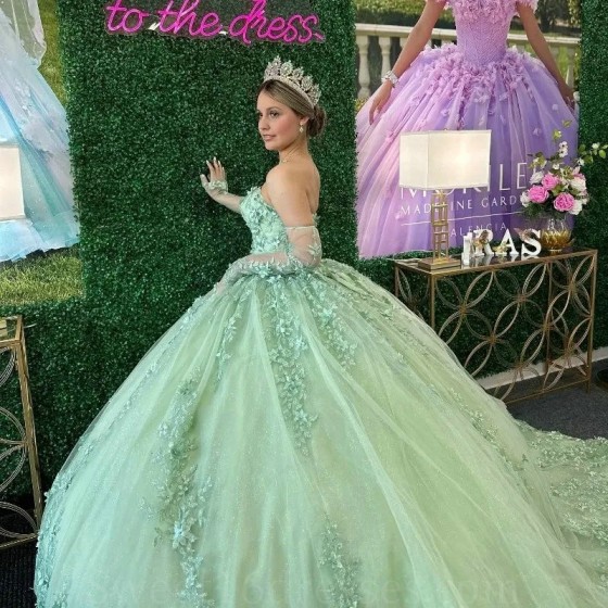 3D Flowers Floral Appliques Lace Sage Green Quinceanera Dresses Ball Gown Off The Shoulder Corset Vestidos De XV 15 Anos