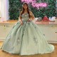 3D Flowers Sage Green Shiny Princess Quinceanera Dresses Crystal Prom Birthday Sweet 16 Dress Lace-up Corset Vestidos De 15 Anos